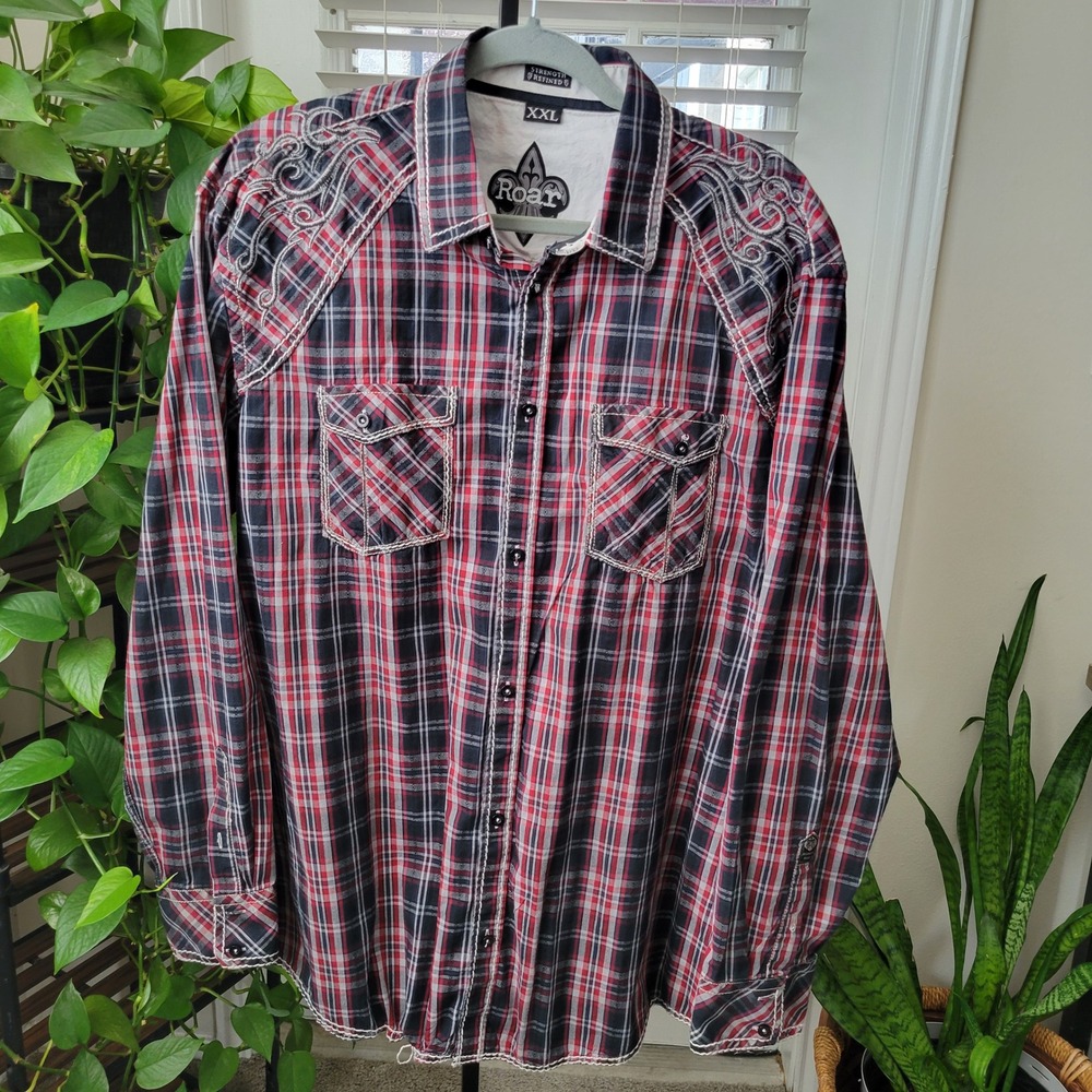 Roar Strength Refined Mens XXL Plaid Western Button Down Shirt Cross Embroidery